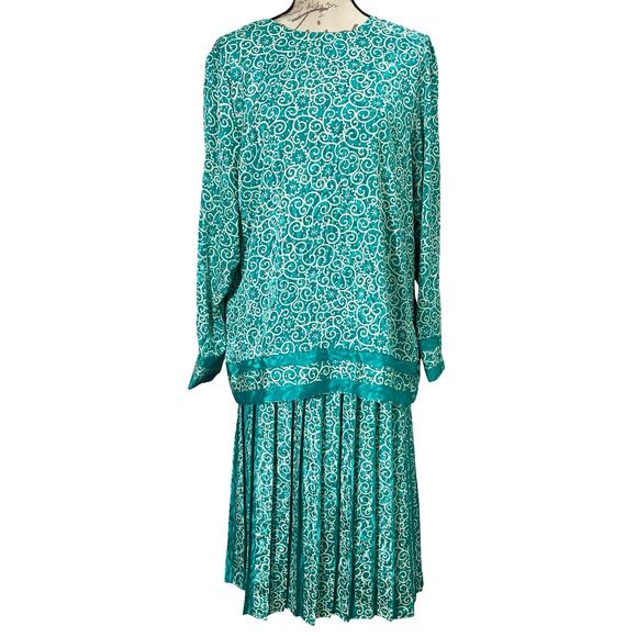 Vintage 90s Top Act Teal Satin Patterned Pleated Skirt Set - Size 16 - Picture 8 of 9